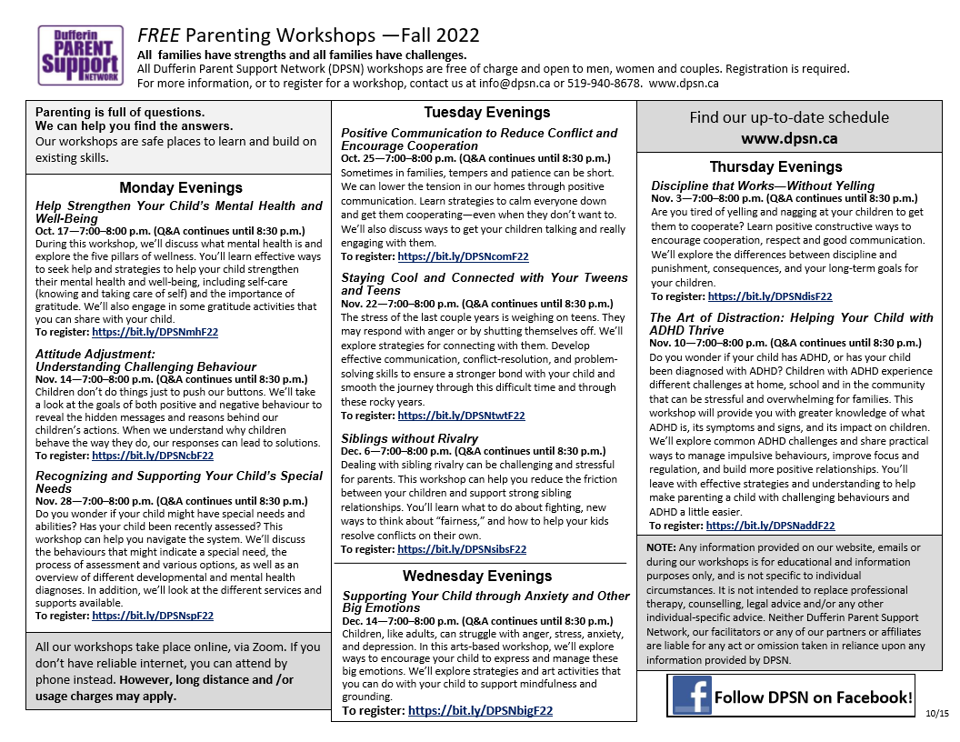 Fall 2022 Workshop Schedule